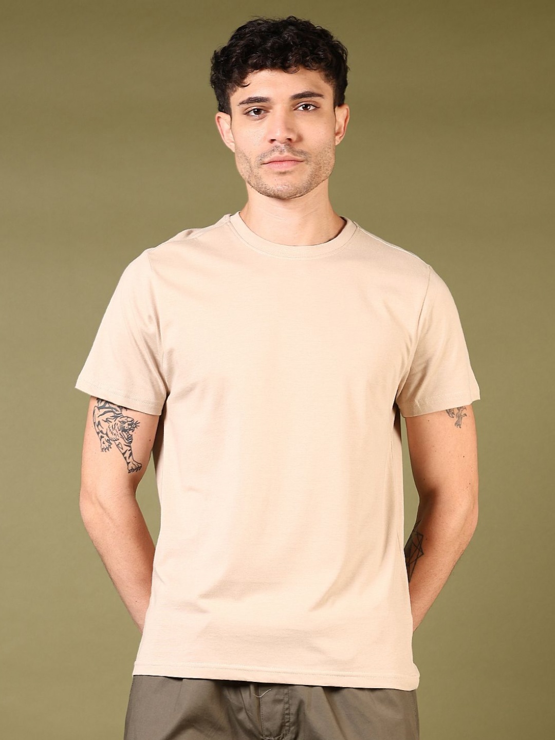 

V-Mart Men Solid Round Neck Cotton T-shirt, Beige