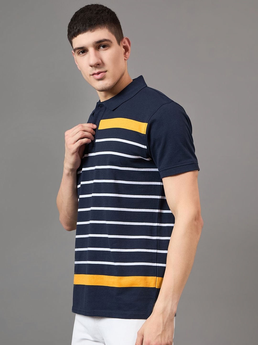

BRONATION Men Striped Polo Collar Cotton T-shirt, Navy blue