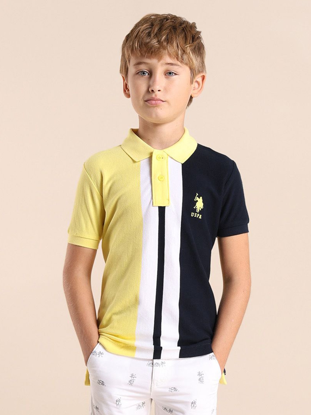 

U.S. Polo Assn. Kids Boys Brand Logo Colourblocked Polo Collar Applique T-shirt, Yellow