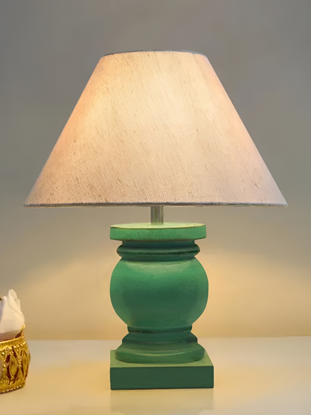 

Homesake Green & Beige Textured Wooden Frustum Shaped Table Lamp
