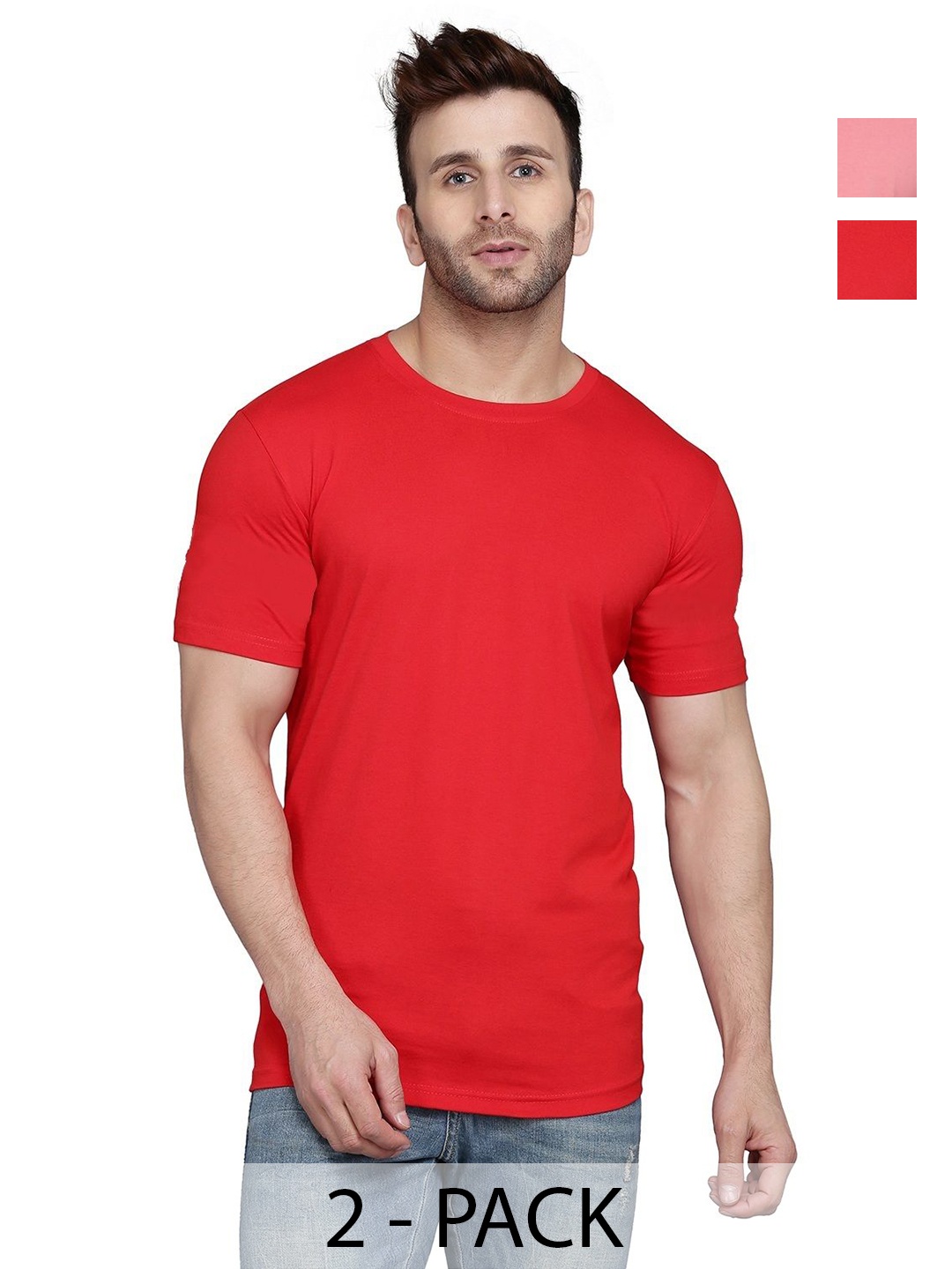 

WOOSTRO Men Pack Of 2 Solid Round Neck Cotton Slim Fit T-shirts, Red