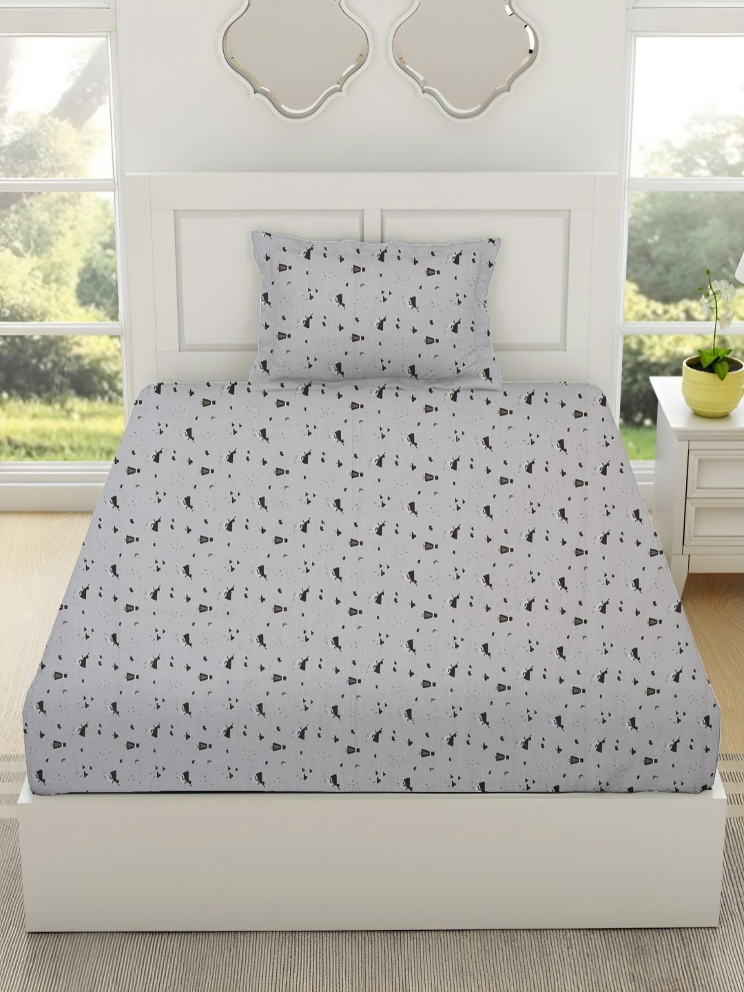 

Myntra Elegant Homes Grey Cartoon Characters 144 TC Single Bedsheet Set 1.52 m x 2.28 m