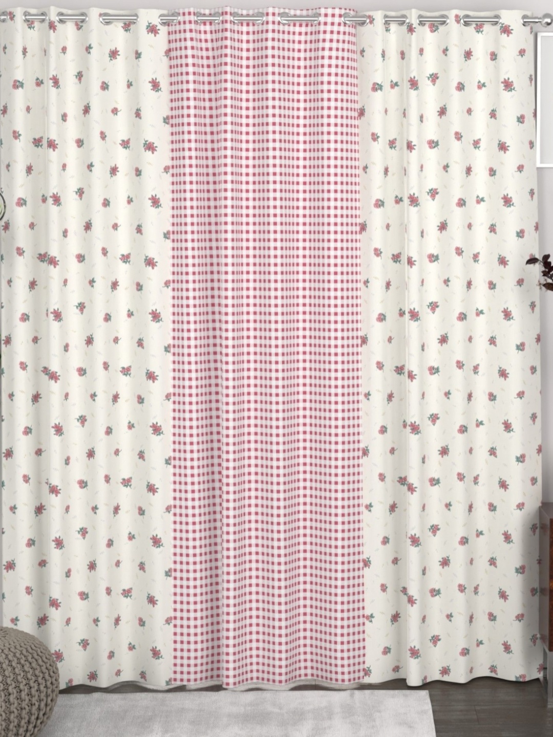 

CHHAVI INDIA White & Pink Set of 3 Floral Door Curtain