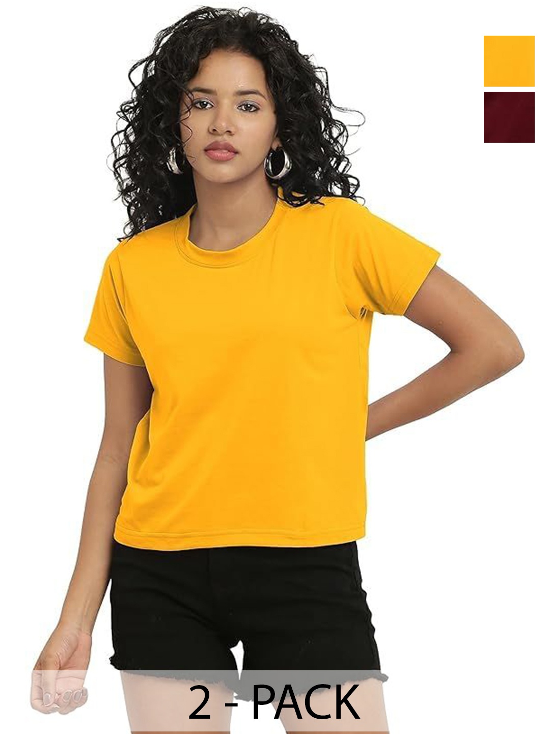

NOTWILD Women Pack Of 2 Solid Round Neck Cotton T-shirts, Mustard