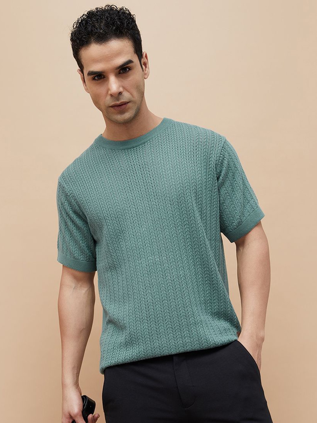 

CODE by Lifestyle Men Self Design Round Neck Cotton T-shirt, Green