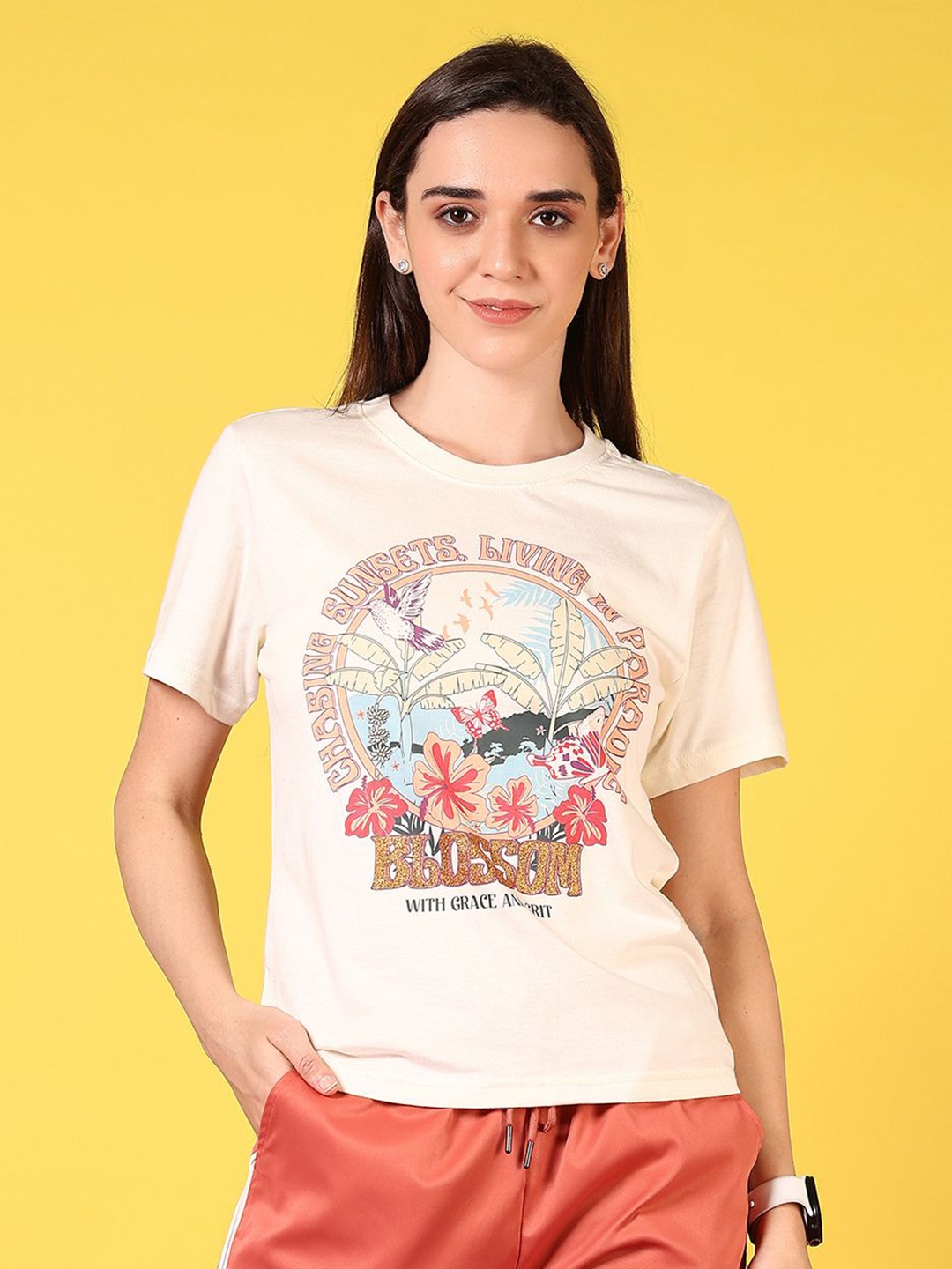 

V-Mart Women Graphic Printed Round Neck Cotton T-shirt, Off white