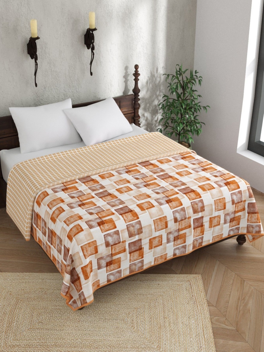 

Aura Breeze Off White & Orange Geometric Pure Cotton AC Room Double Bed Reversible Dohar