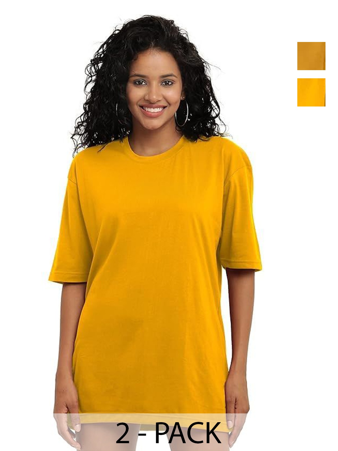 

NOTWILD Women Pack Of 2 Solid Round Neck Cotton Oversized T-shirts, Yellow