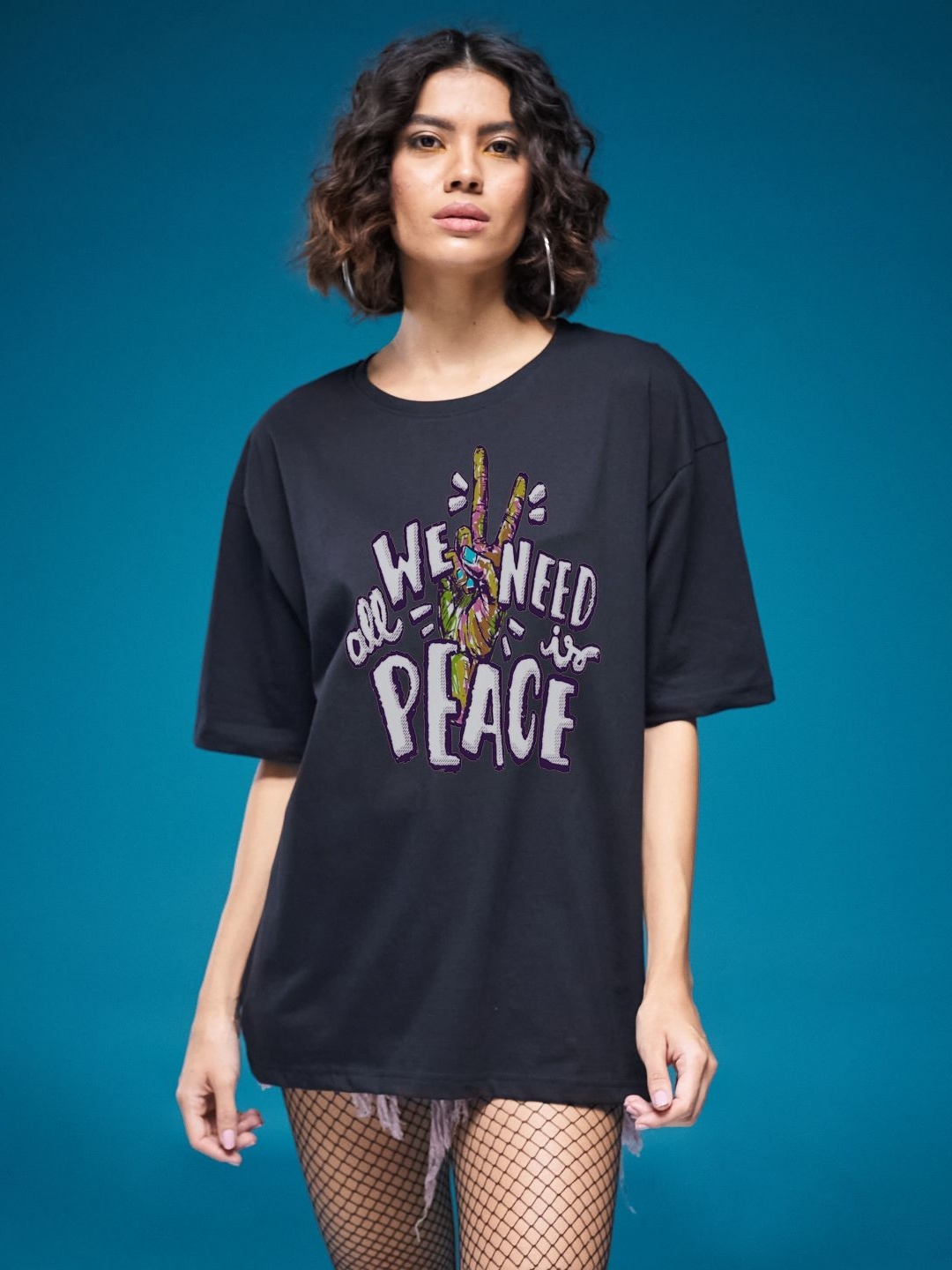 

SMARTEES Women Typography Printed Round Neck Cotton Oversized T-shirt, Black