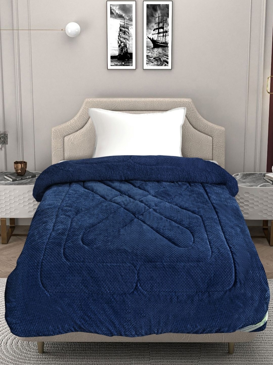 

FABINALIV Navy Blue Geometric Woollen 950 GSM Heavy Winter Single Bed Quilts
