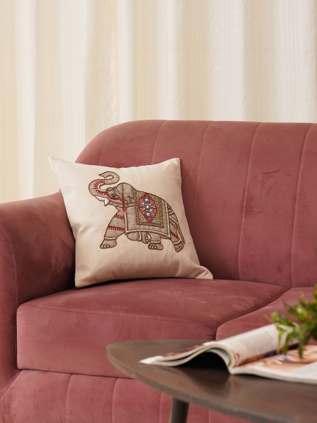 

HOME 360 Beige & Red Ethnic Motifs Velvet Square Cushion Covers