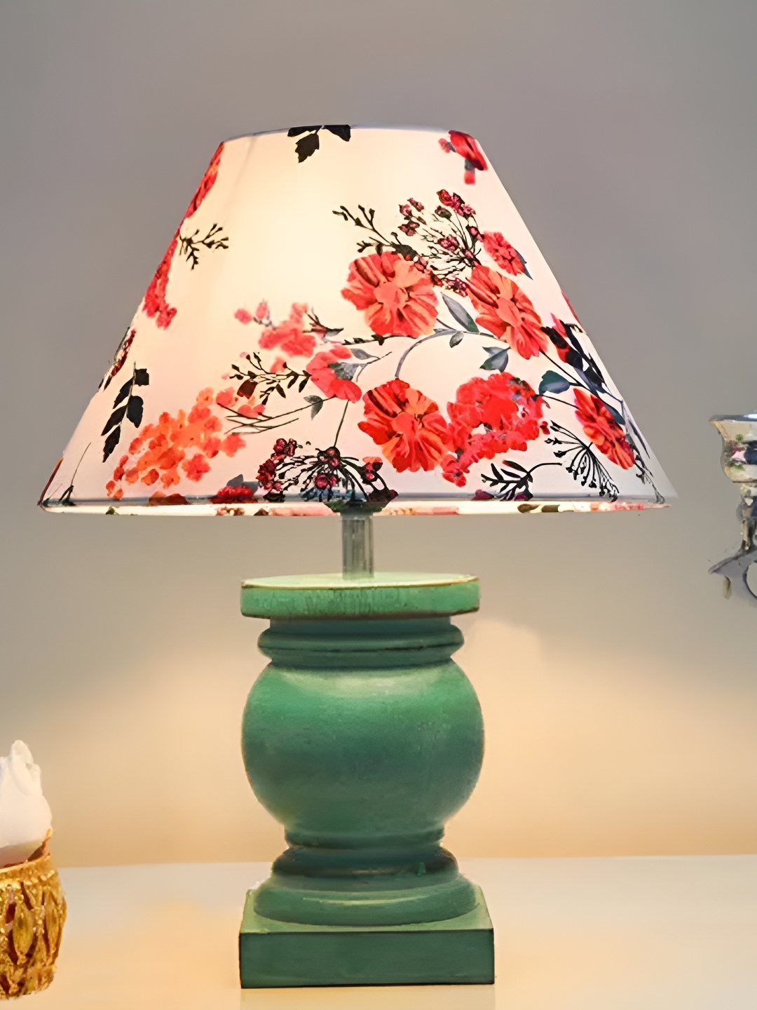 

Homesake White & Red Floral Printed Frustum Shaped Wooded Table Lamp