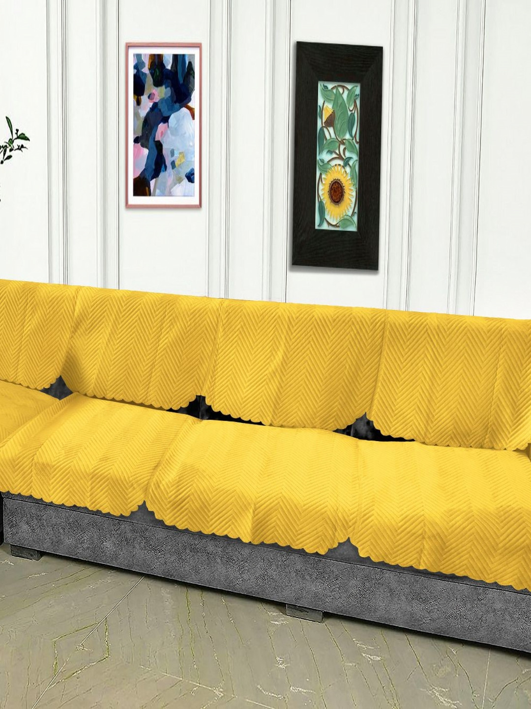 

Fashion Throw Yellow 6 Pieces Velvet 7 Seater Sofa Cover
