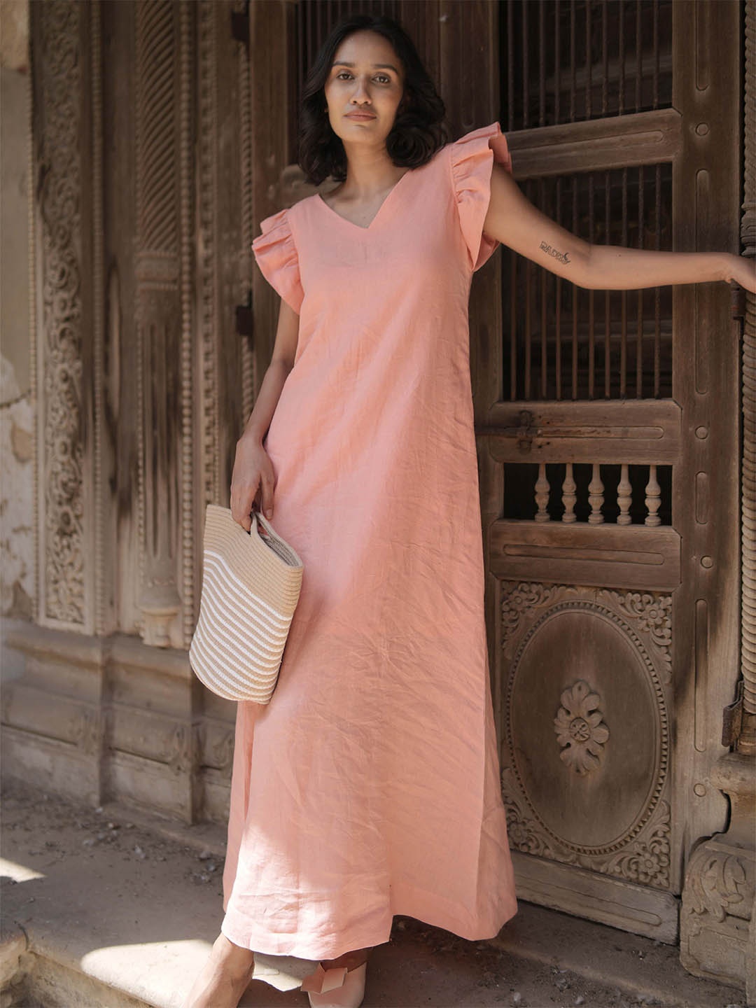 

House of Harakh Women Flared Sleeves A-Line Dress, Peach