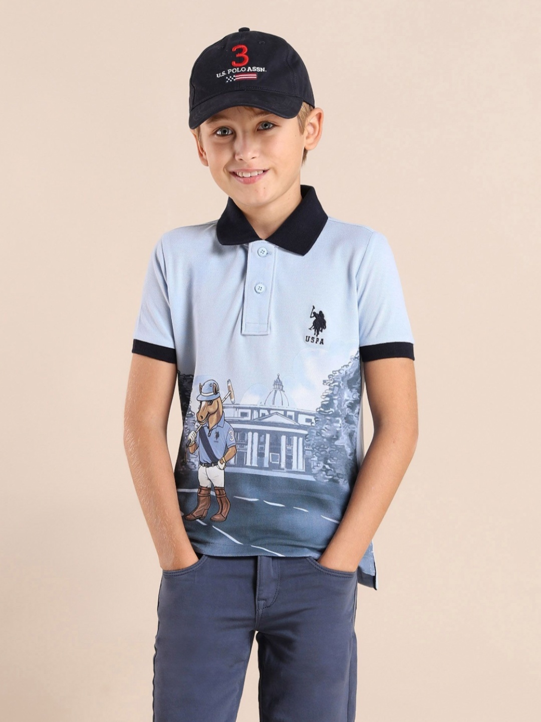 

U.S. Polo Assn. Kids Boys Brand Logo Printed Polo Collar Applique T-shirt, Blue