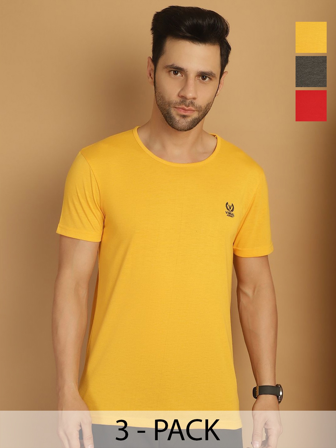 

MACK JONNEY Men Pack Of 3 Solid Round Neck Cotton T-shirts, Mustard