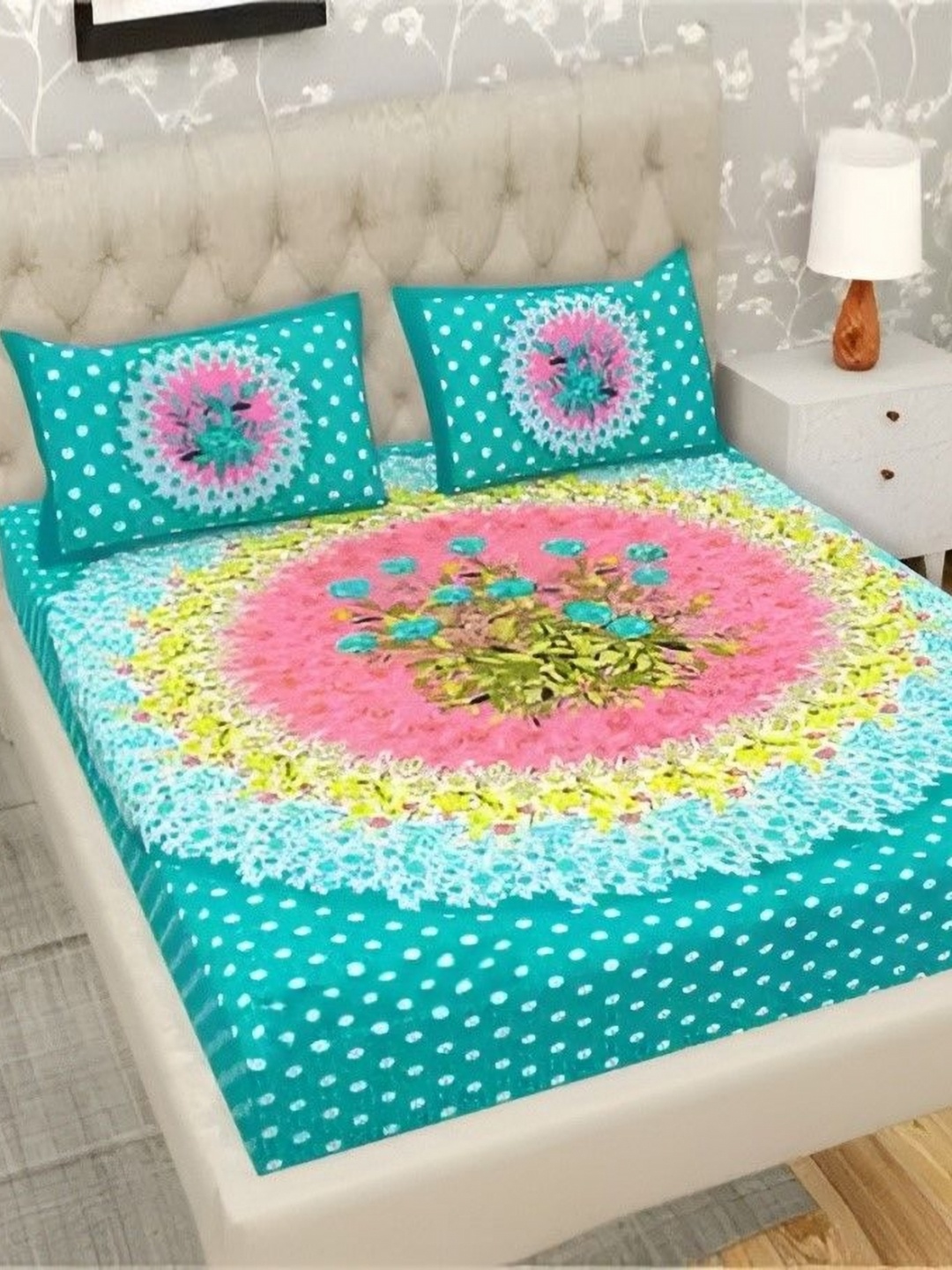 

MAGICAL Green Floral Printed 104 TC Cotton Queen Bedsheet Set