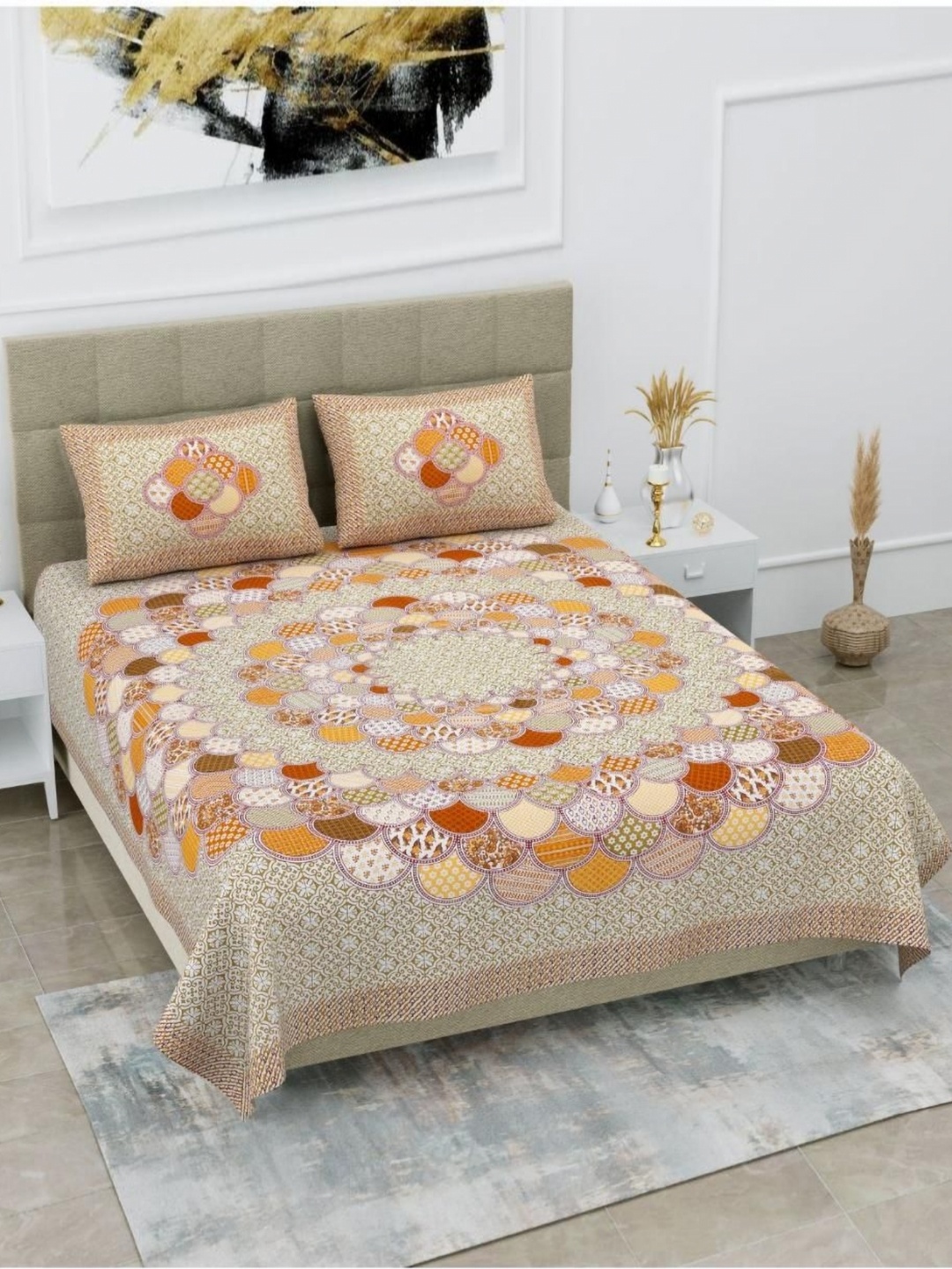 

Aura Beige & Red Ethnic Motifs 144 TC Queen Bedsheet with 2 Pillow Covers