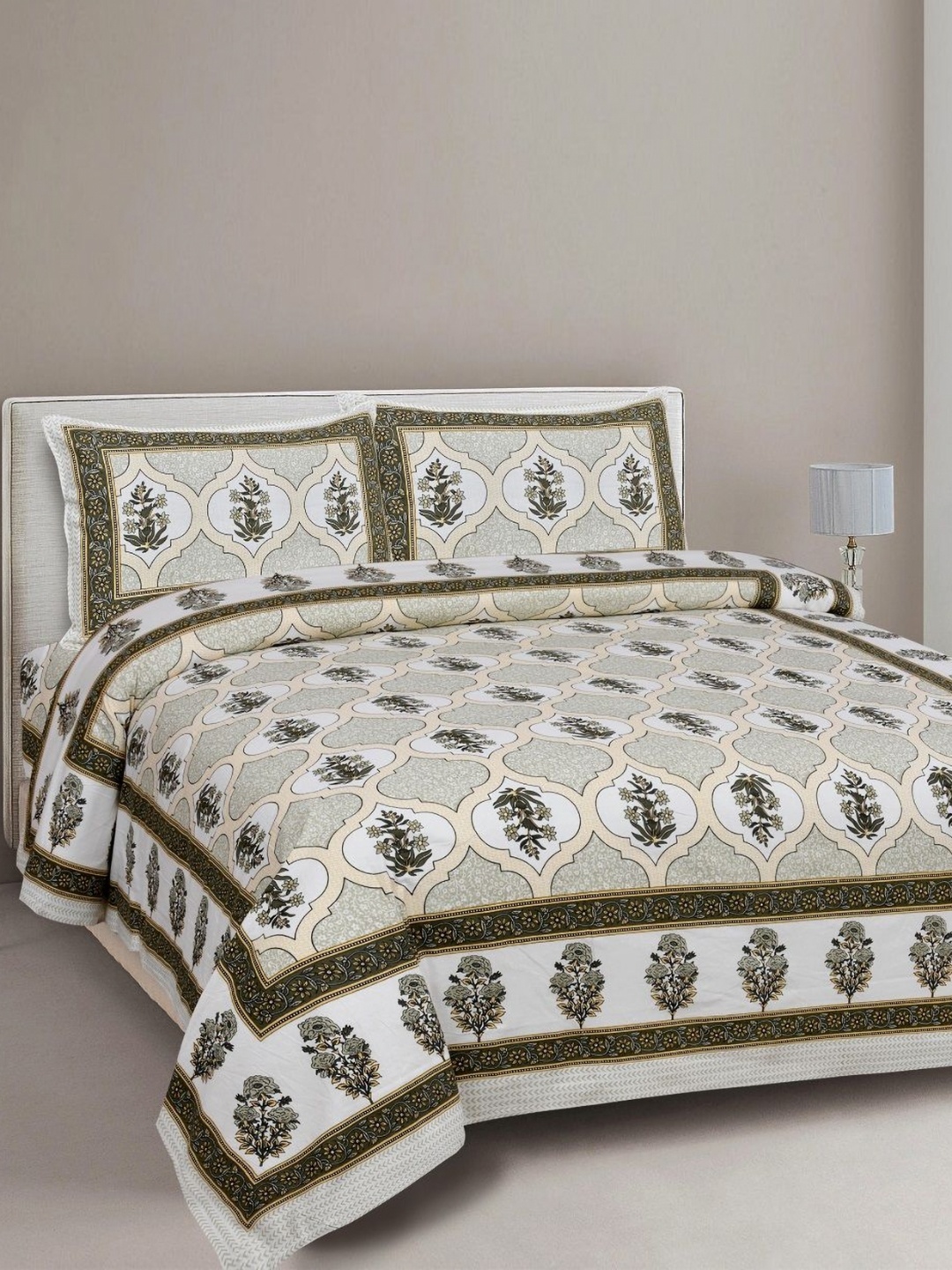

INDHOME LIFE Green & White Floral Printed 220 TC Cotton King Bedsheet Set 2.28 m x 2.74 m