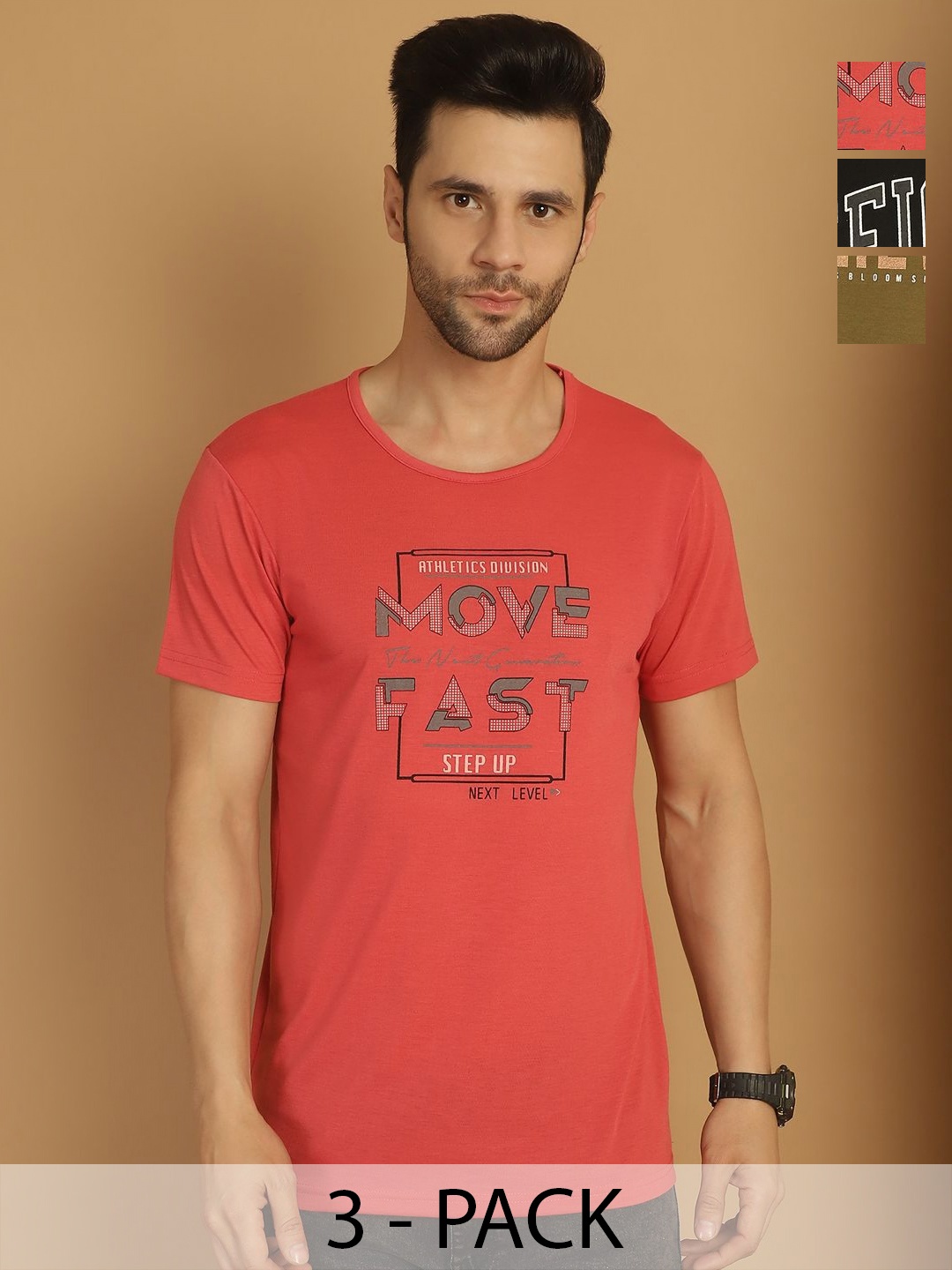 

MACK JONNEY Men Pack Of 3 Typography Printed Round Neck Cotton T-shirts, Coral