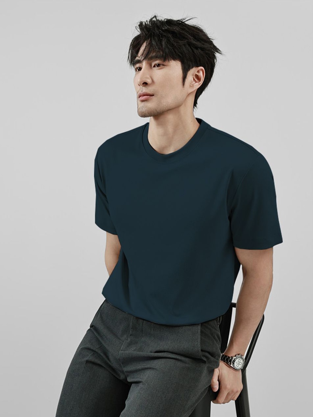 

madfrog Men Solid Round Neck Cotton T-shirt, Teal