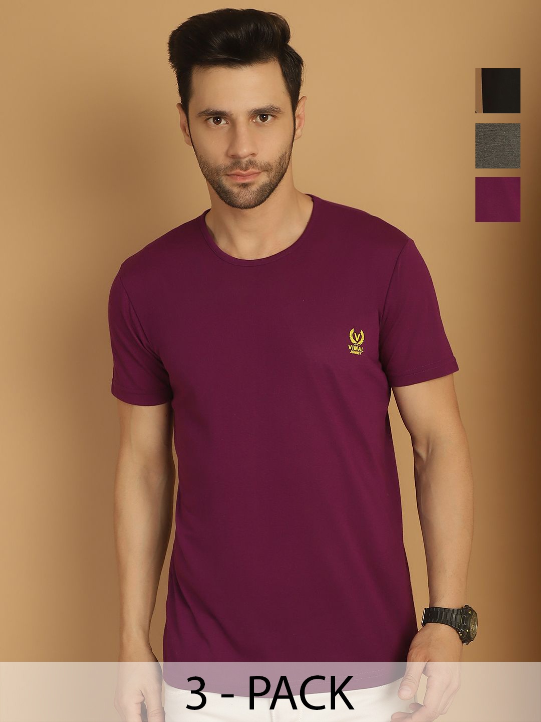 

VIMAL JONNEY Men Pack Of 3 Solid Round Neck Cotton T-shirts, Purple