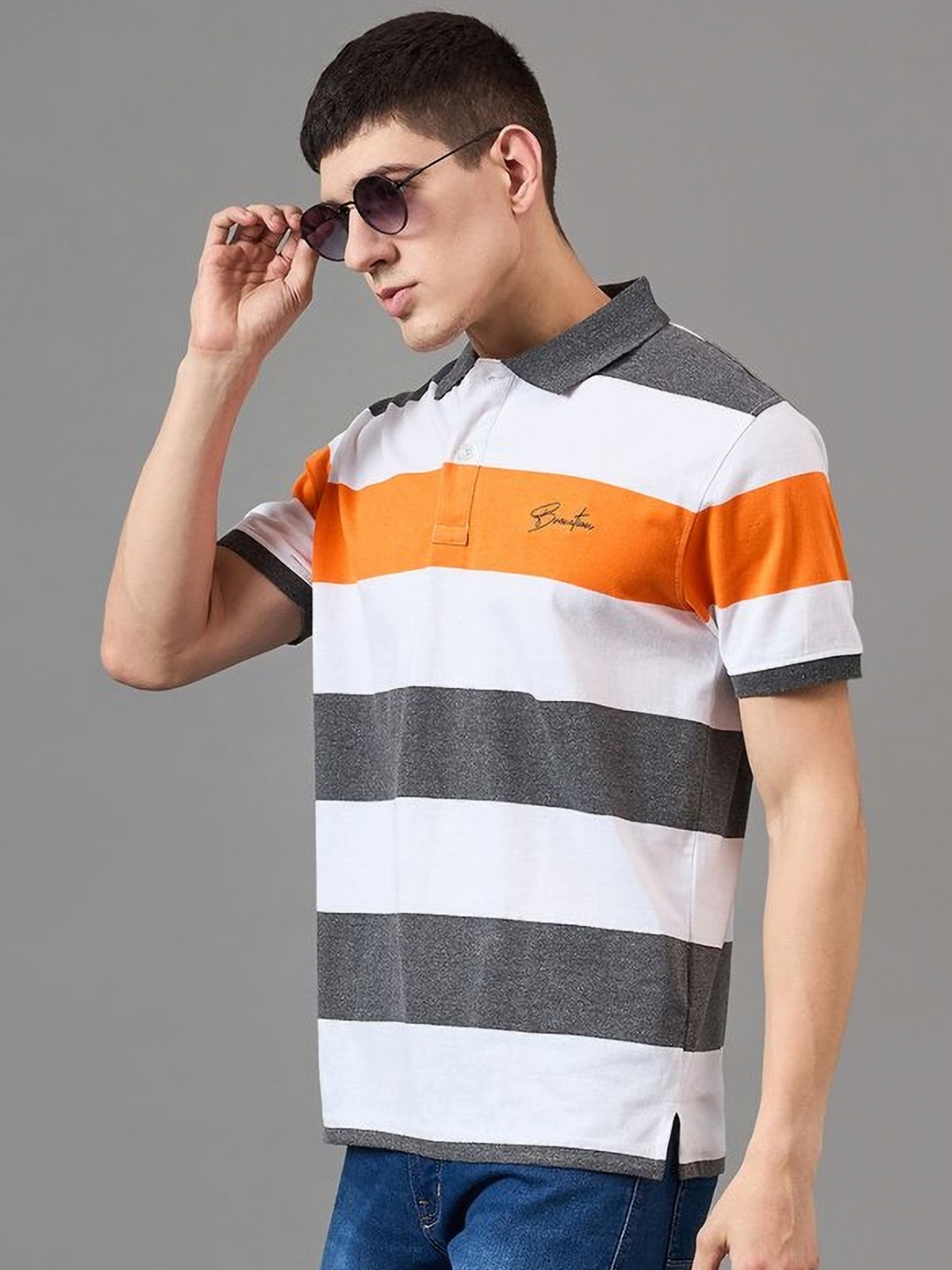 

BRONATION Men Striped Polo Collar Cotton T-shirt, White