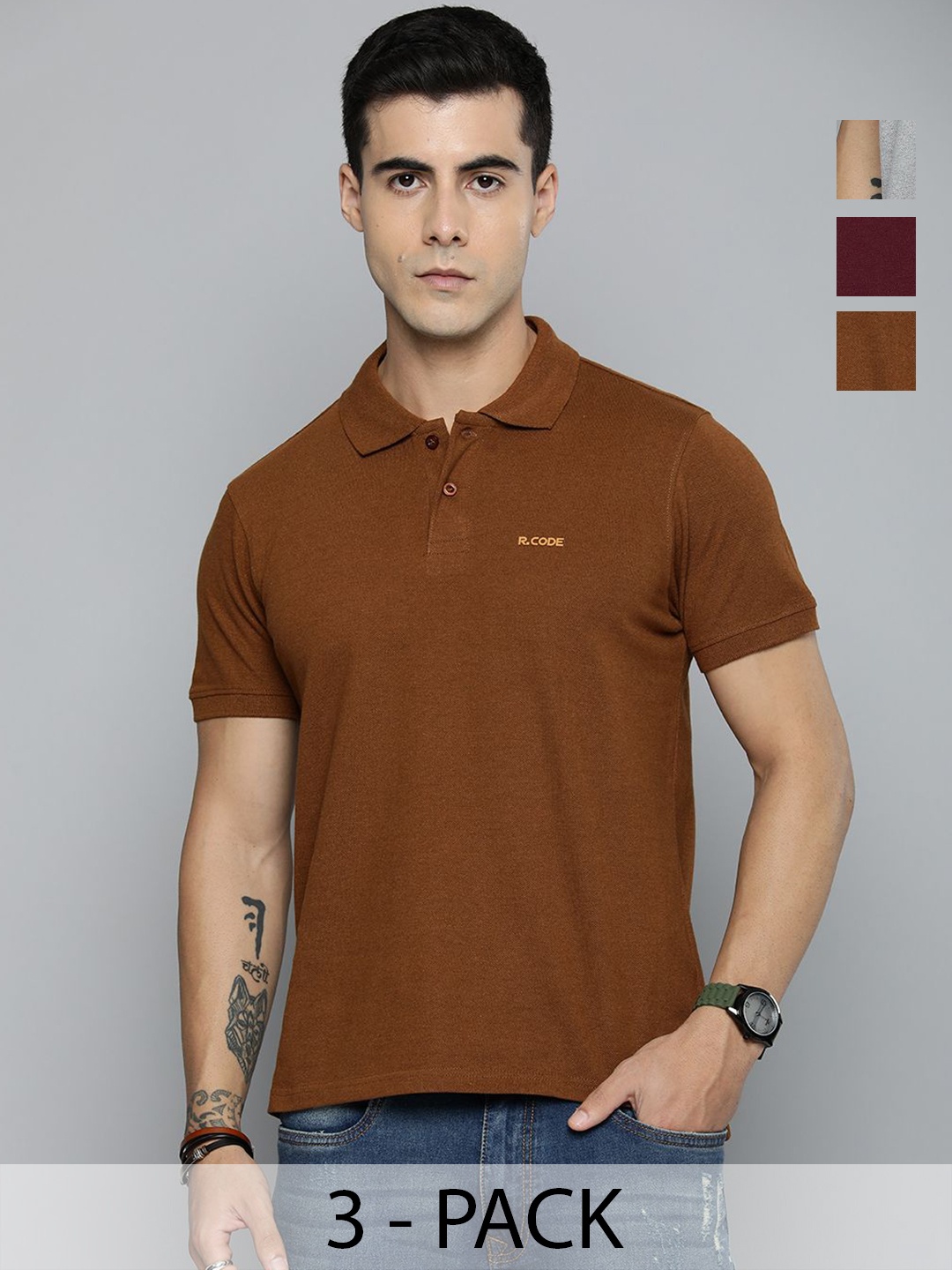 

R.Code by The Roadster Lifestyle Co. Men Regular Fit Pack Of 3 Solid Polo Cotton T-shirts, Rust