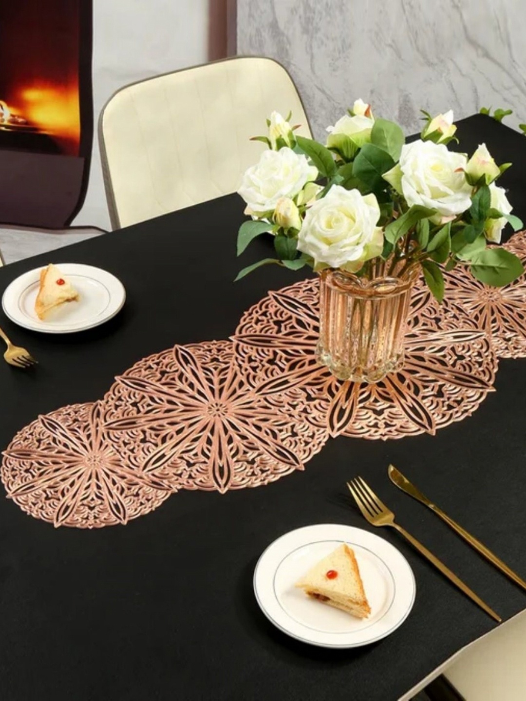 

MONKDECOR Rose Gold Floral Cutwork Design Waterproof Table Runner