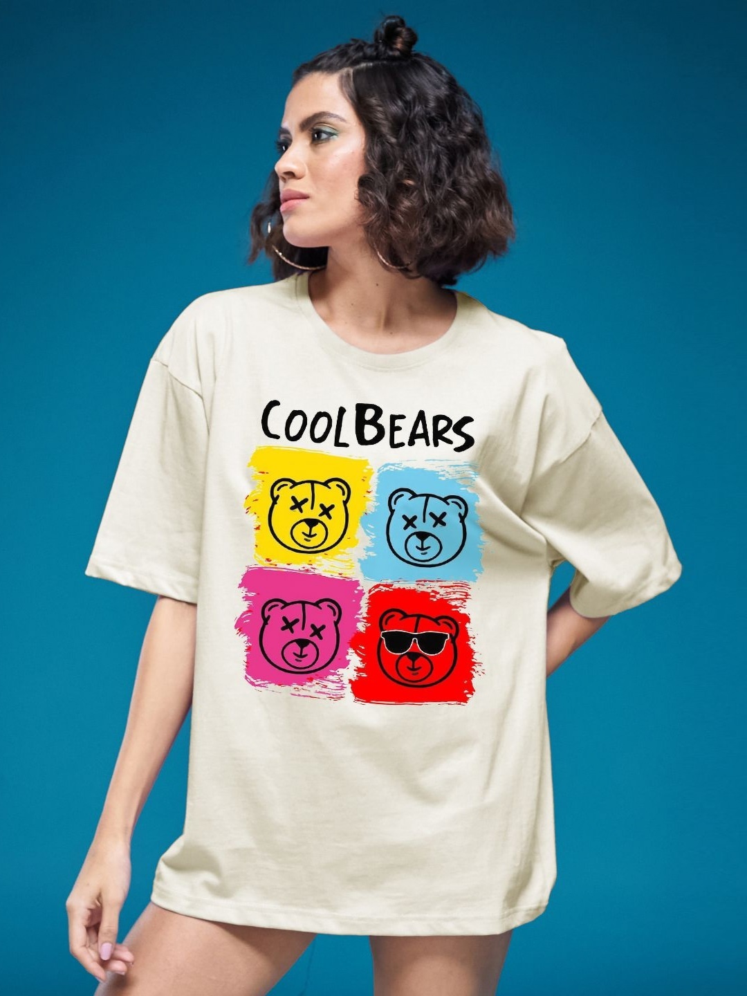 

SMARTEES Women Graphic Printed Round Neck Cotton Oversized T-shirt, Beige