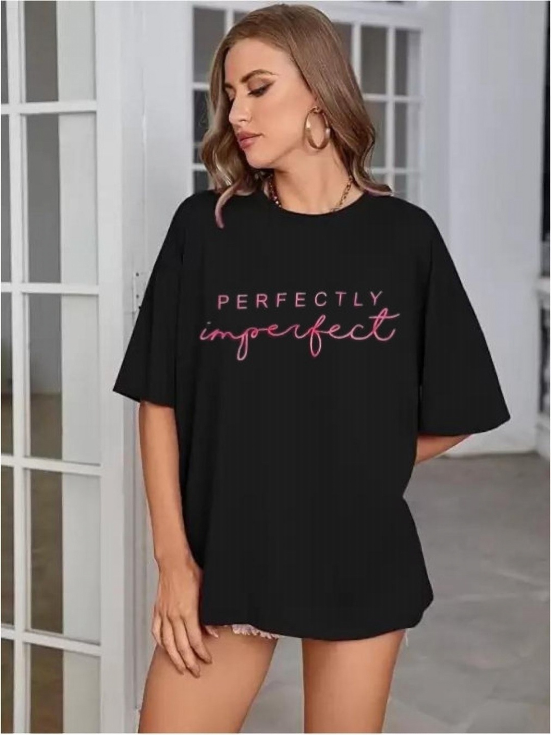 

SALUJA FABRICS Women Typography Printed Pockets T-shirt, Black