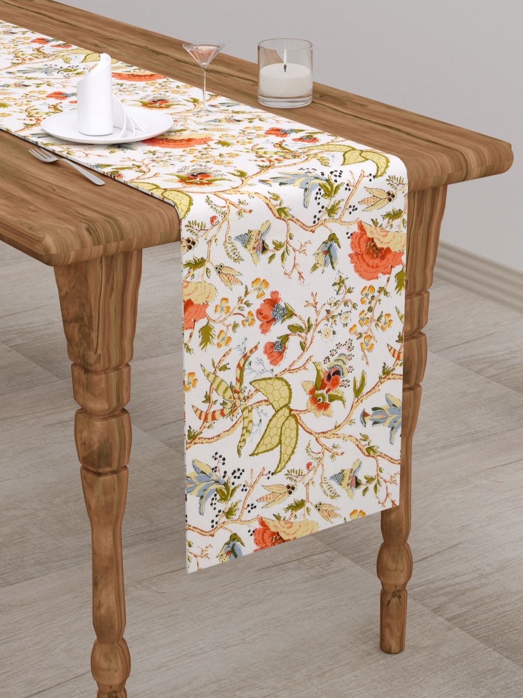 

Clasiko White & Orange-Colored Floral Printed Pure Cotton Table Runner