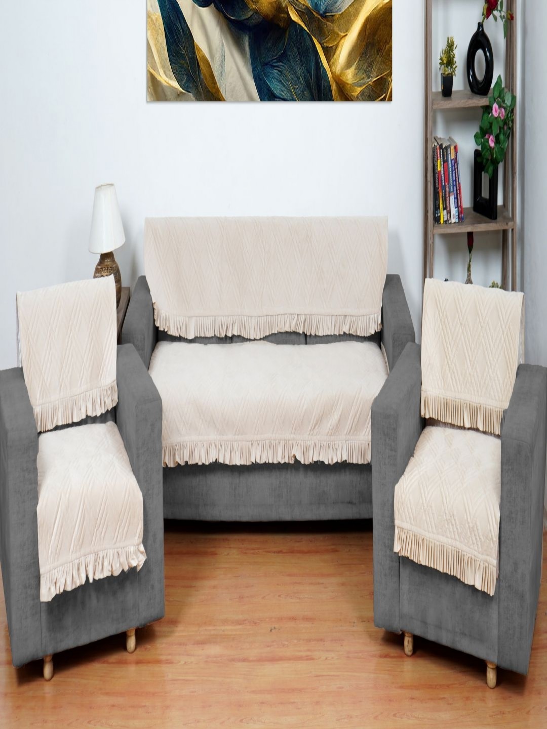 

Fashion Throw Beige 6 Pieces Velvet 5 Seater Sofa Cover