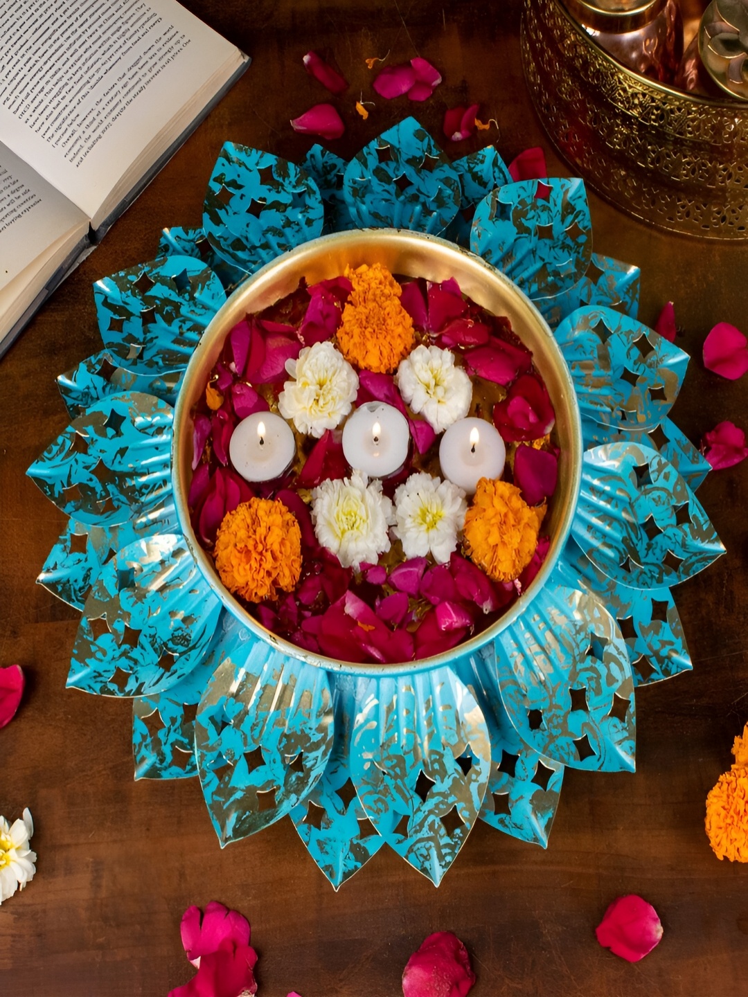 

Craftlayout Blue & Gold-Toned Decorative Urli Decorative Bowl