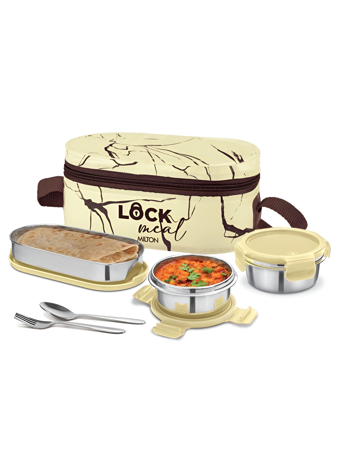 

Milton Lock Meal Lunchbox 2 Inner Steel 320ml Each & Container 450ml Cutlery with Bag, Beige