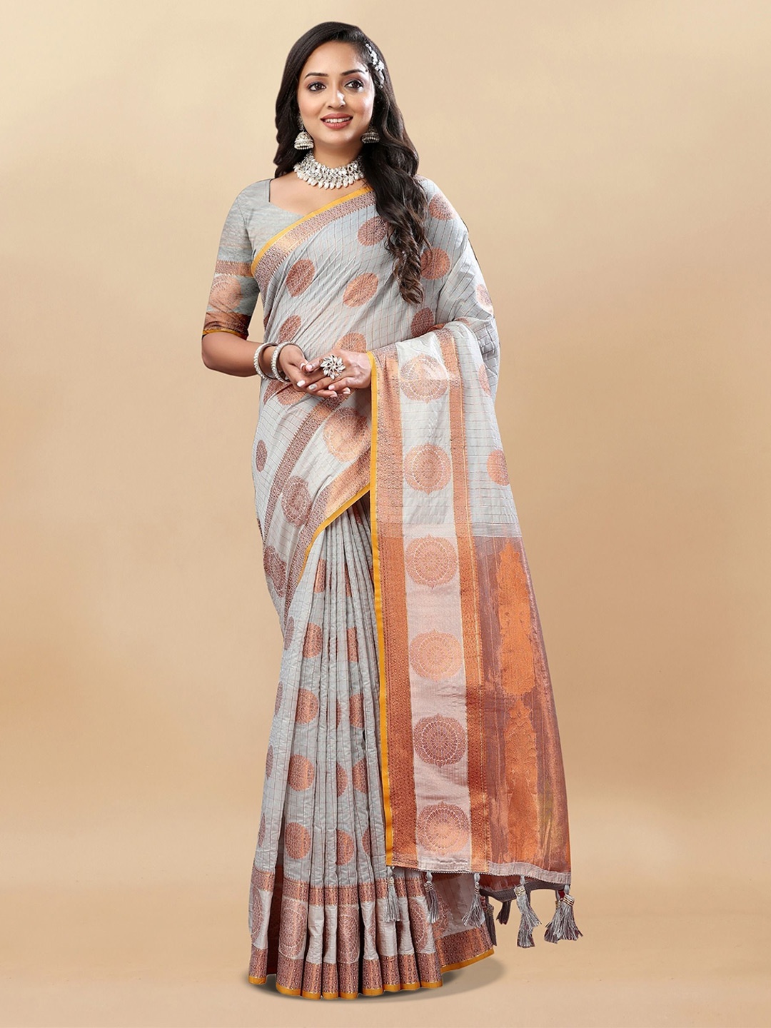 

bansari textiles Woven Design Zari Paithani Saree, Grey