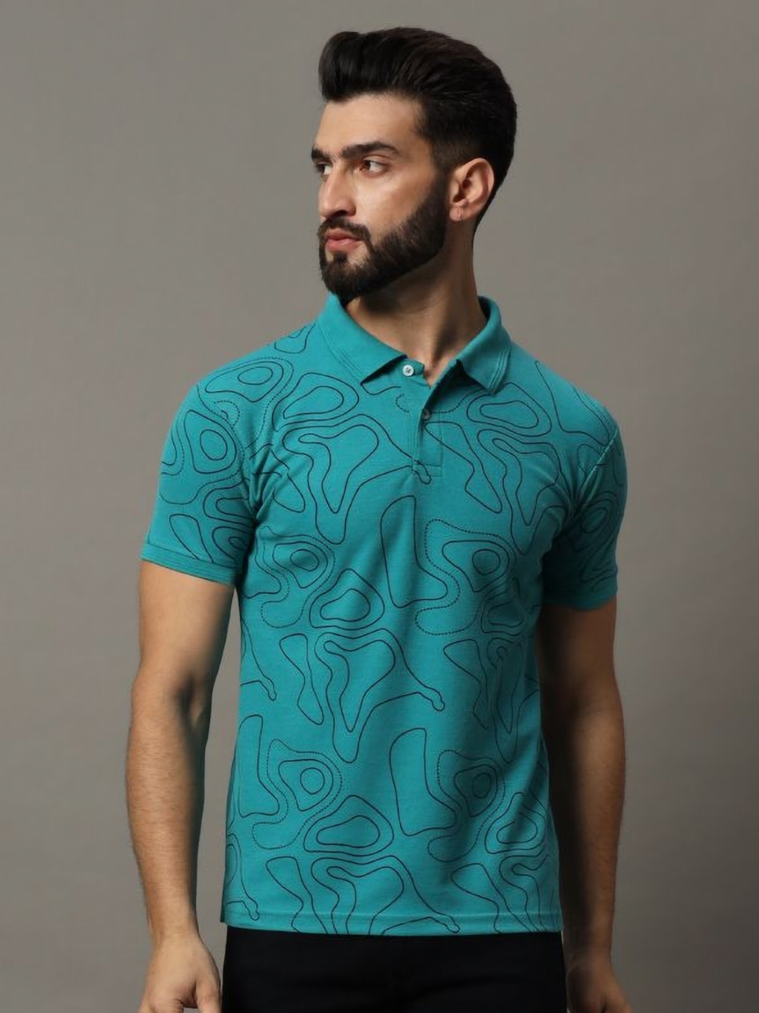 

HUSHBUCKS Men Printed Polo Collar Tropical Applique T-shirt, Green