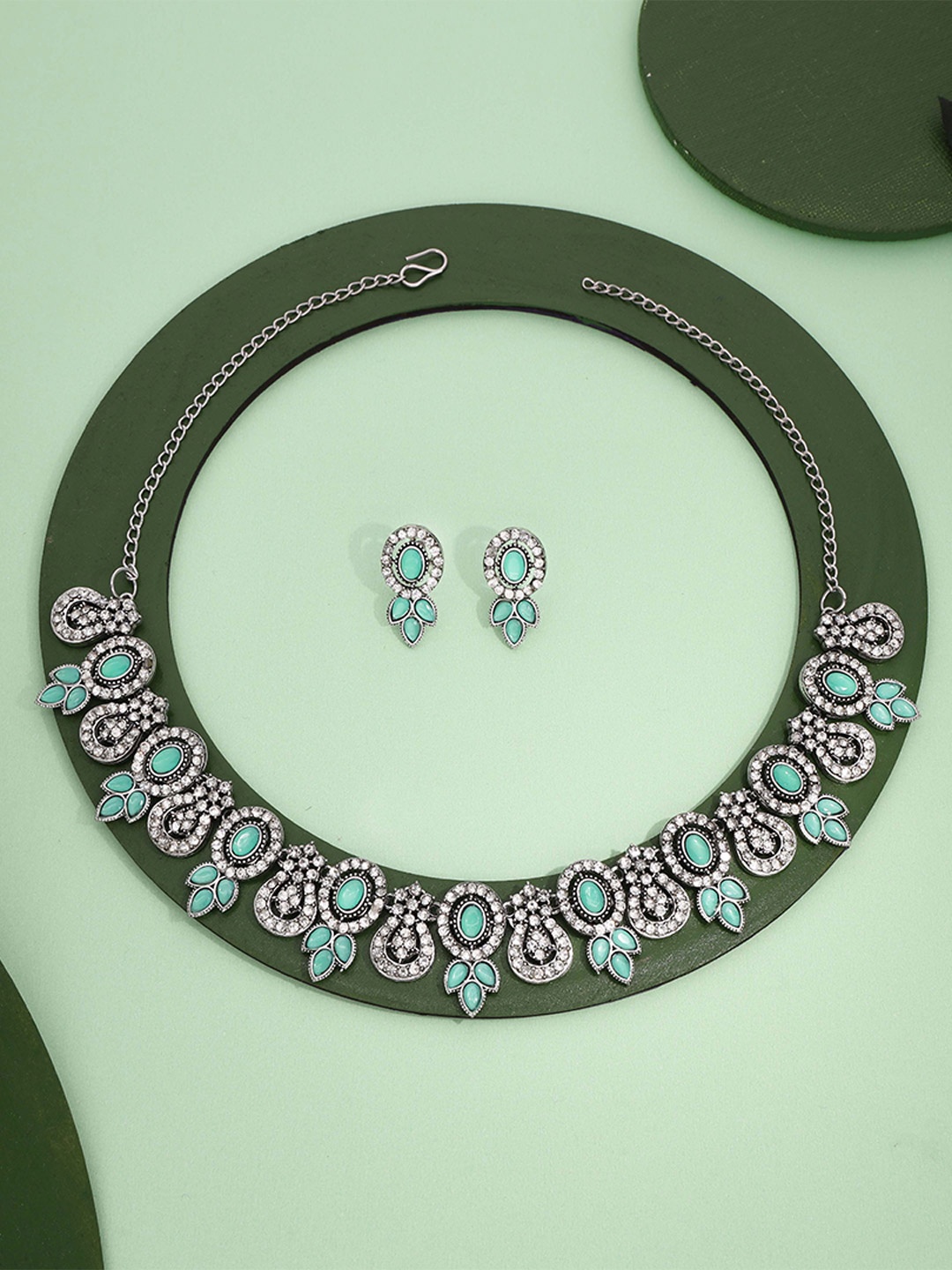 

Lyriss Gold-Plated American Diamond Stone-Studded Necklace & Earrings, Silver