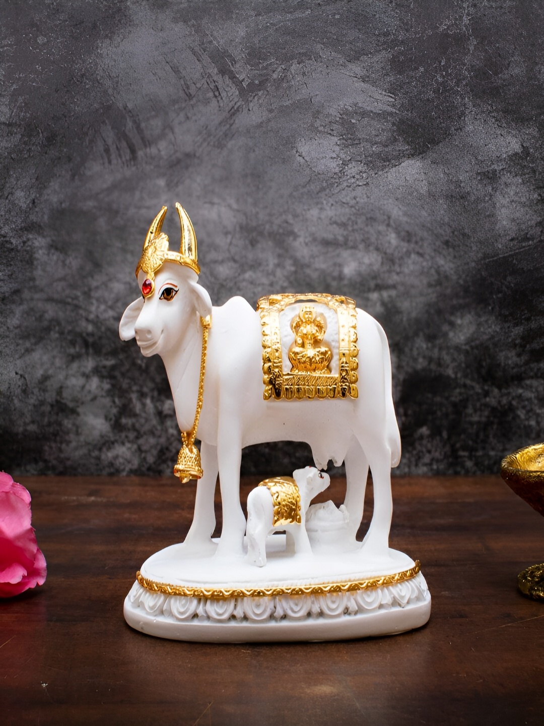 

Craftlayout White & Gold-Toned Cow & Calf Statue Religious Figurine Showpiece