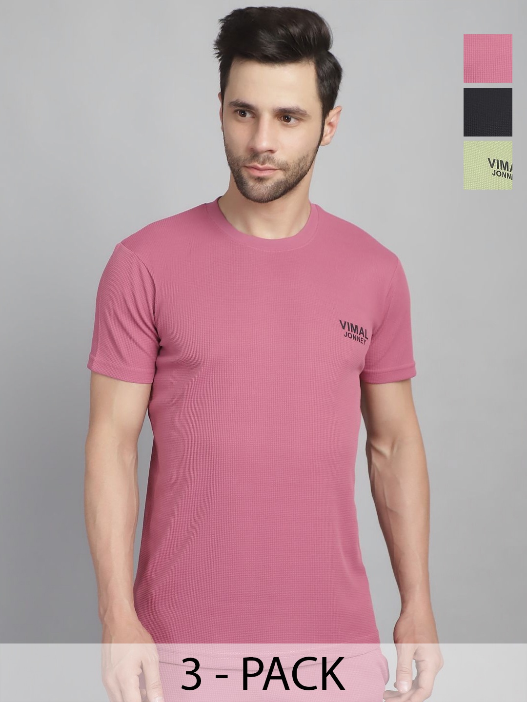 

MACK JONNEY Men Pack Of 3 Solid Round Neck T-shirts, Pink