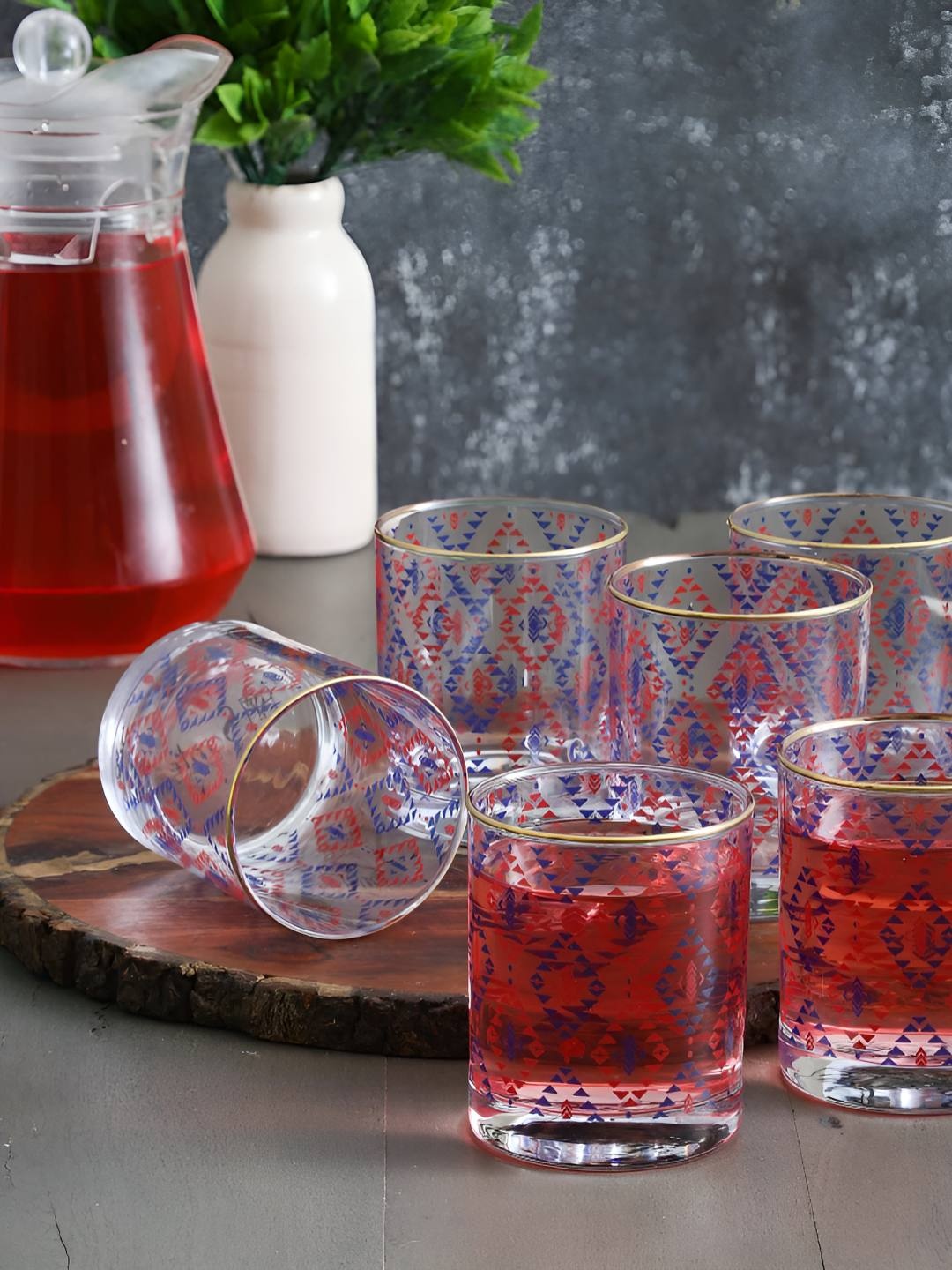 

EK DO DHAI Transparent & Red 6 Pieces Geometric Printed Golden Line Bar Glass 300 ml Each