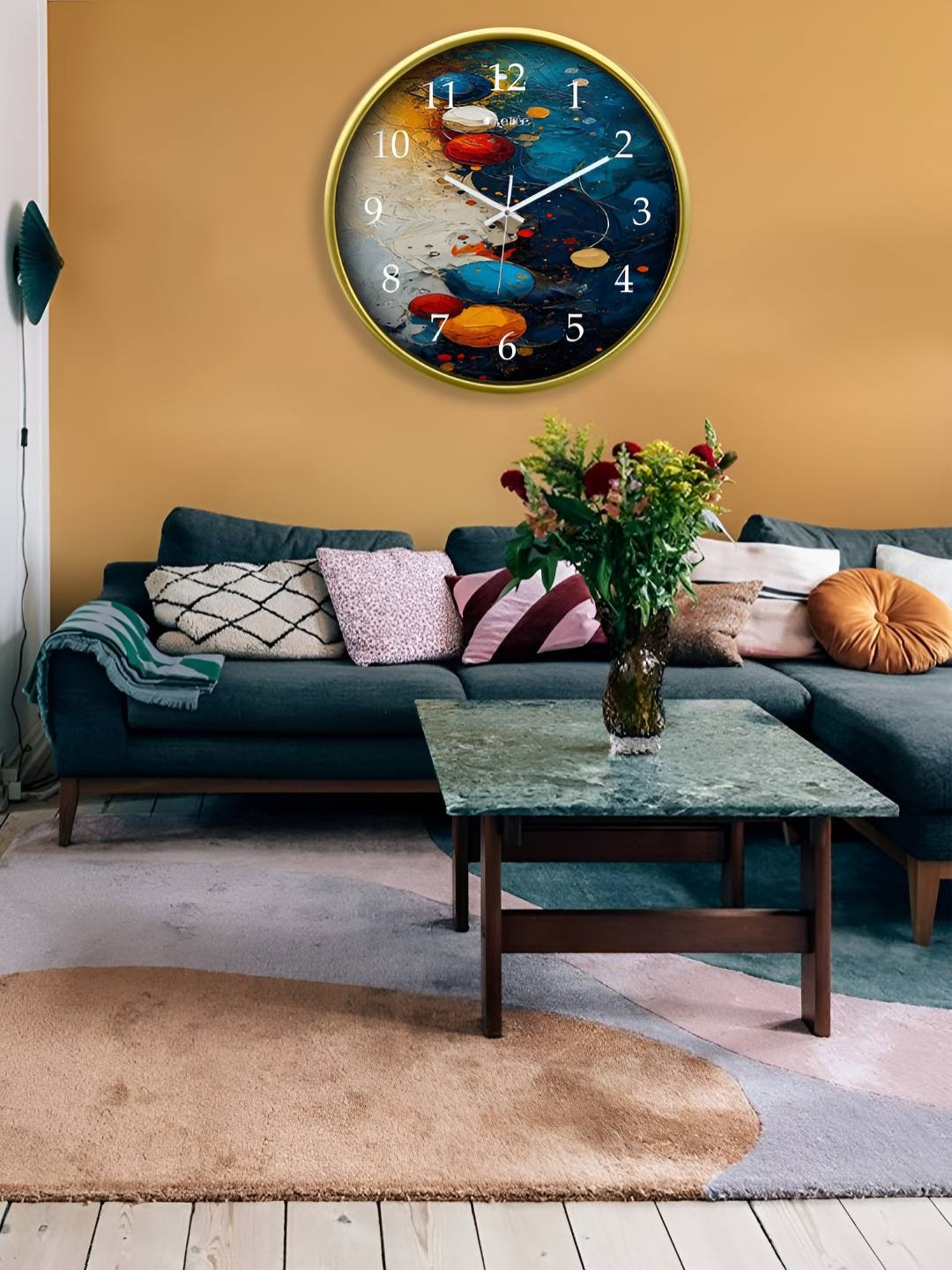 

OLIVE TREE Gold-Toned & Blue Printed Contemporary Round Shape Analogue Wall Clock