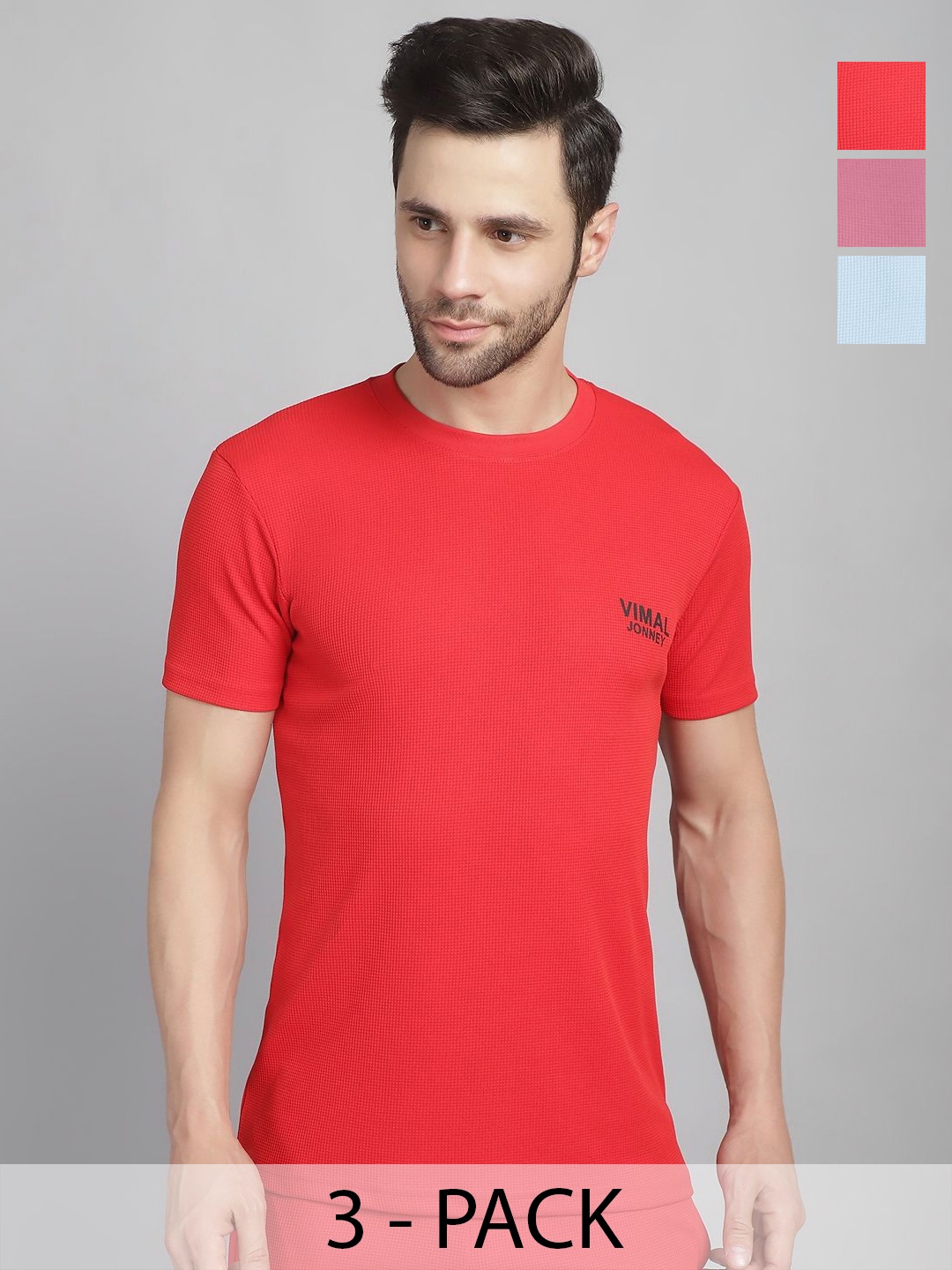 

VIMAL JONNEY Men Pack Of 3 Solid Round Neck T-shirts, Coral