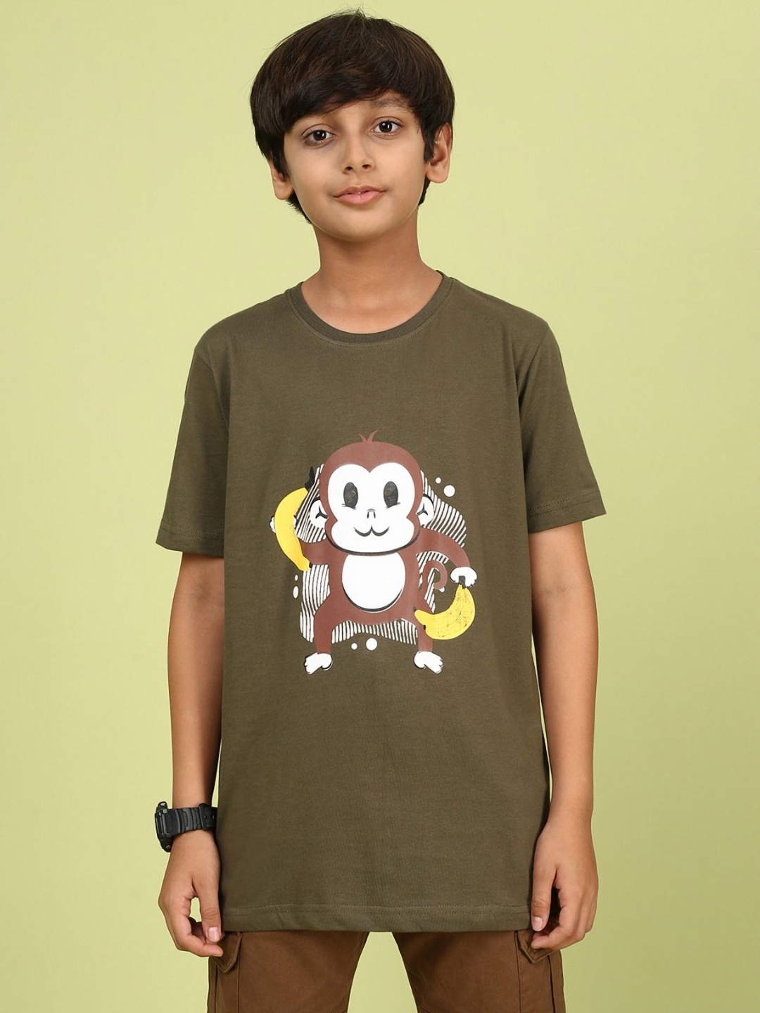 

YK Boys Graphic Printed Round Neck Cotton Relaxed Fit T-shirt, Olive