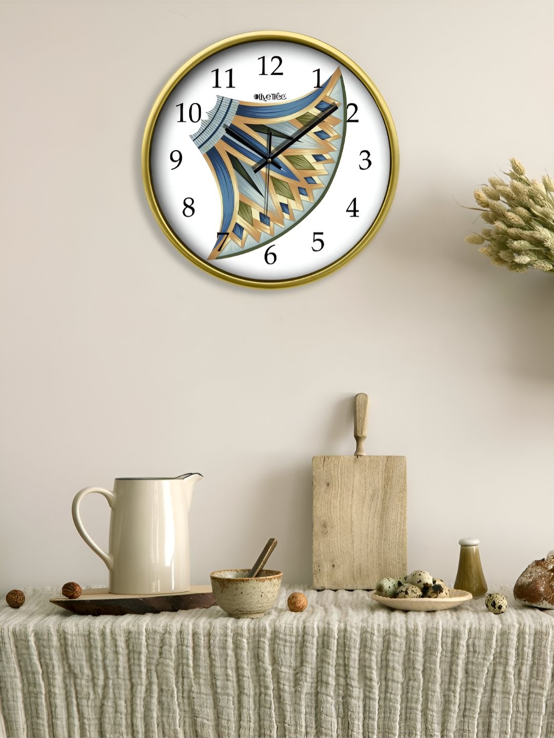 

OLIVE TREE Gold-Toned & Blue Printed Contemporary Round Shape Analogue Wall Clock