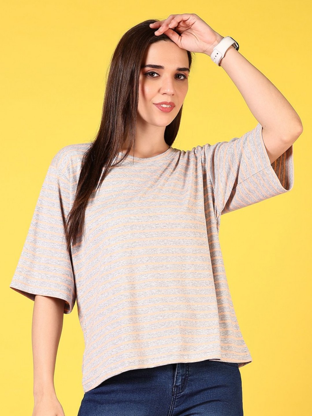 

V-Mart Women Striped Round Neck Cotton Relaxed Fit T-shirt, Grey
