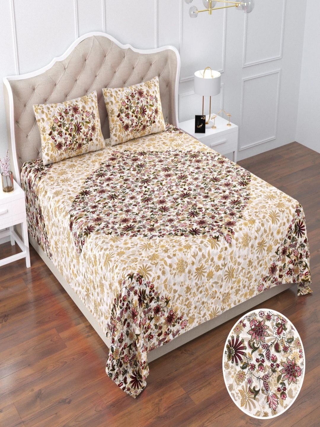 

Qfab Maroon & Yellow Floral Printed Cotton 250 TC King Bedsheet Set 2.29 cm x 2.79 cm