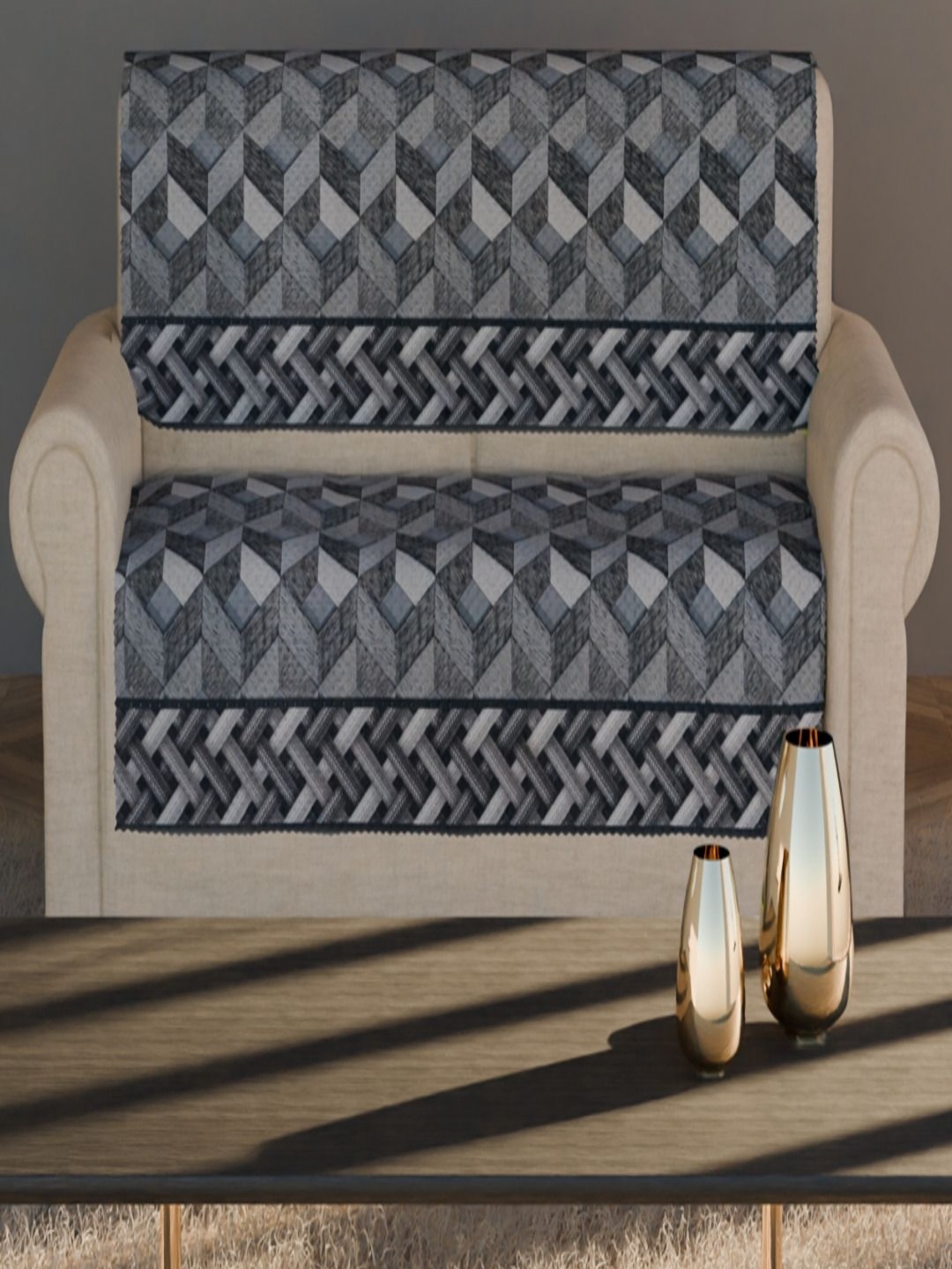 

Fashion Throw Grey and Black 2 Pieces Geometric Printed Velvet Sofa Covers