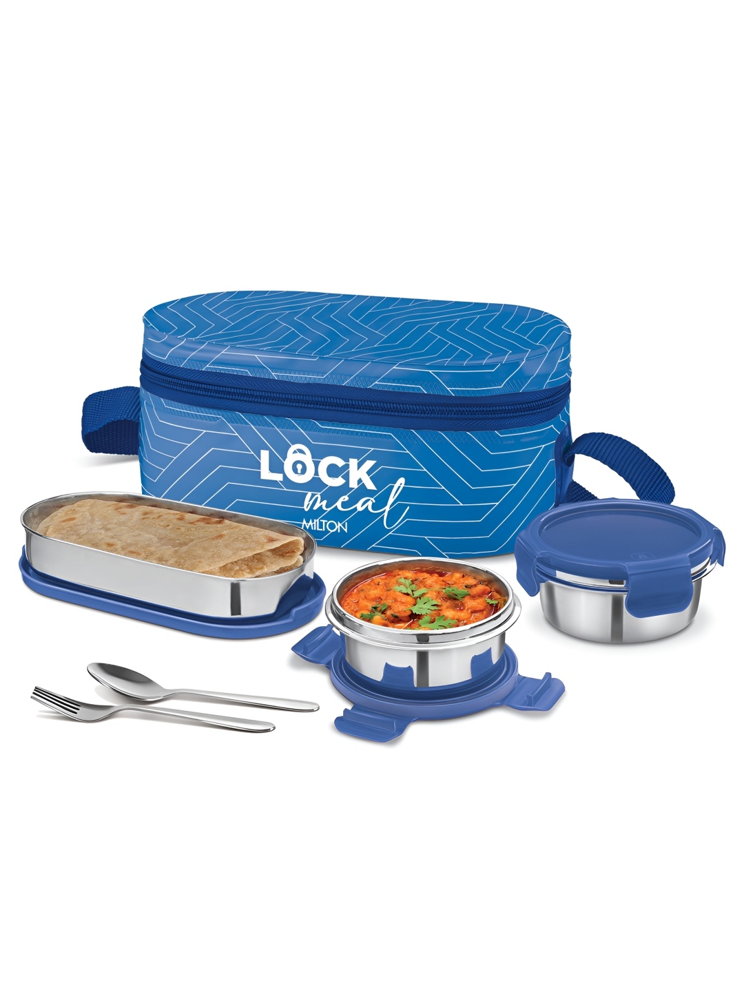 

Milton Lock Meal Lunchbox 2 Inner Steel 320ml Each & Container 450ml Cutlery with Bag, Blue