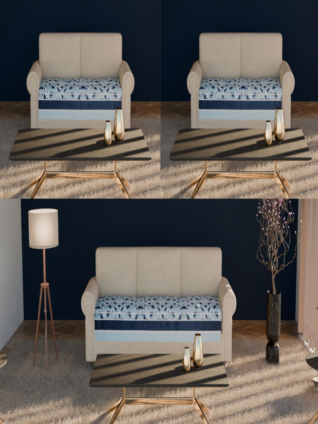 

Fashion Throw Blue & White 3 Pieces Printed Velvet Sofa Covers